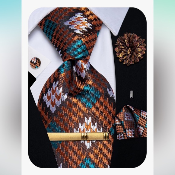 Other - SILK TIE SET: MENS 5pc Orange Plaid Tie, Pocket Square, Cufflinks, Lapel Pin NWT